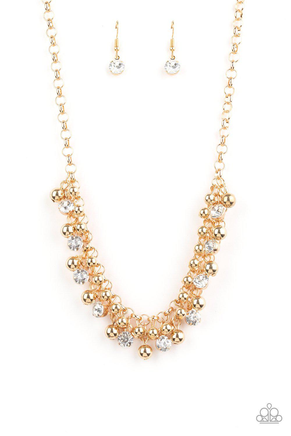 Wall Street Winner Gold and White Rhinestone Necklace - Paparazzi Accessories - lightbox -CarasShop.com - $5 Jewelry by Cara Jewels