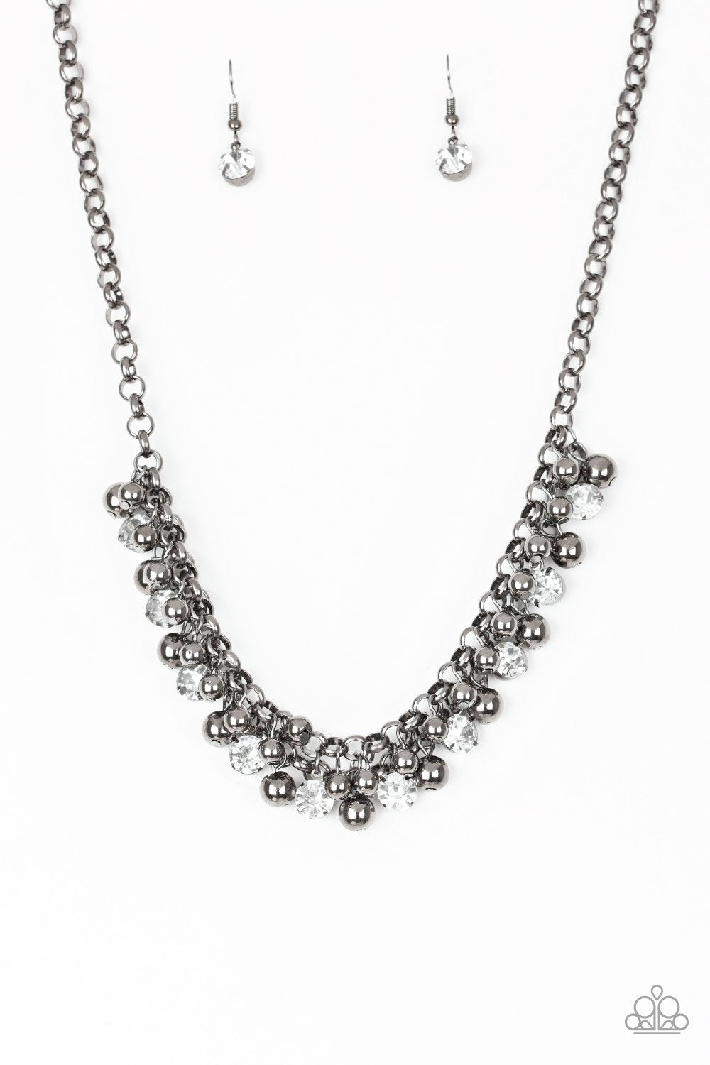 Wall Street Winner Gunmetal Black and White Rhinestone Necklace - Paparazzi Accessories-CarasShop.com - $5 Jewelry by Cara Jewels
