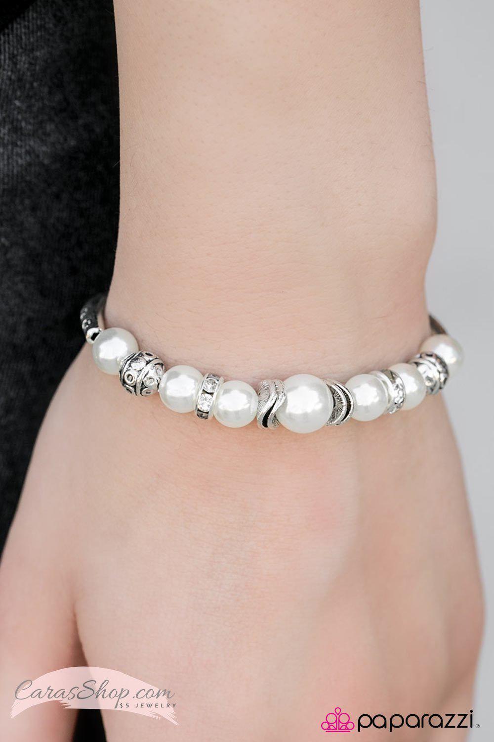 Waltz of the Flowers White Pearl Stretch Bracelet - Paparazzi Accessories-CarasShop.com - $5 Jewelry by Cara Jewels