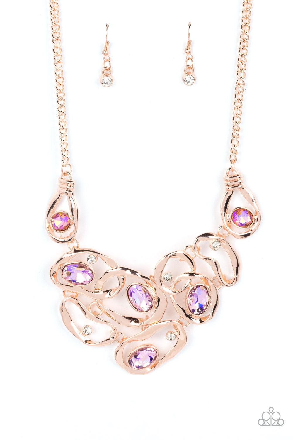 Warp Speed Rose Gold and Iridescent Rhinestone Necklace - Paparazzi Accessories- lightbox - CarasShop.com - $5 Jewelry by Cara Jewels