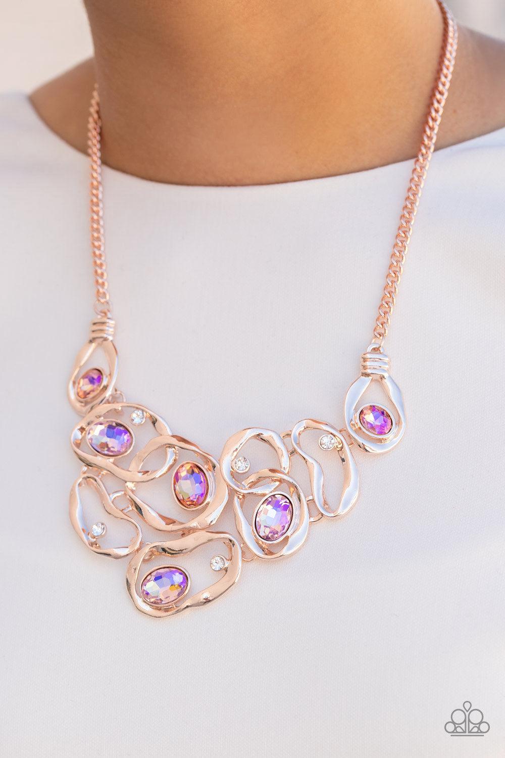 Warp Speed Rose Gold and Iridescent Rhinestone Necklace - Paparazzi Accessories-on model - CarasShop.com - $5 Jewelry by Cara Jewels