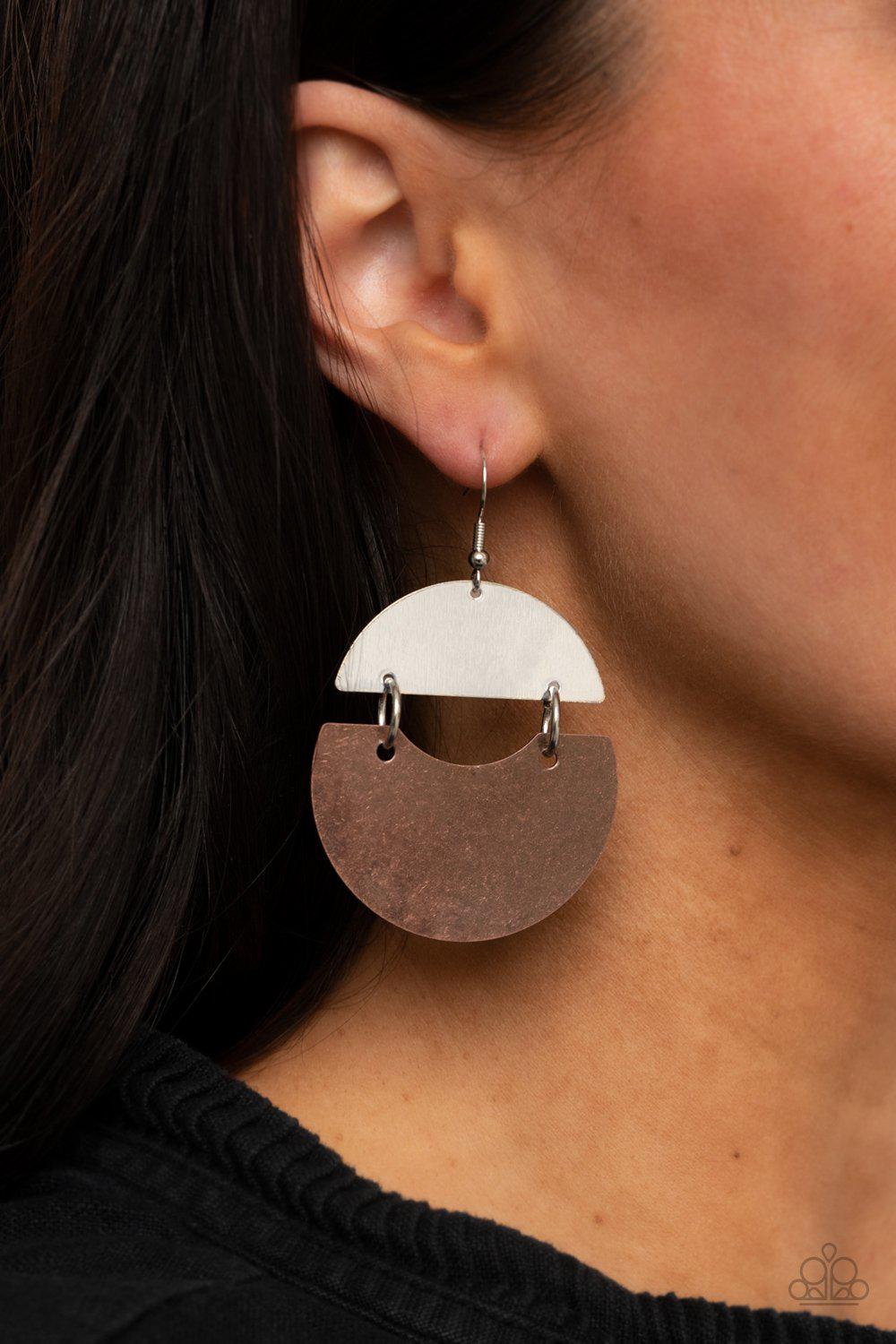 Watching The Sunrise Copper and Silver Earrings - Paparazzi Accessories- model - CarasShop.com - $5 Jewelry by Cara Jewels