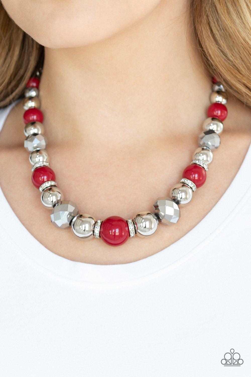 Weekend Party Red and Silver Necklace - Paparazzi Accessories-CarasShop.com - $5 Jewelry by Cara Jewels