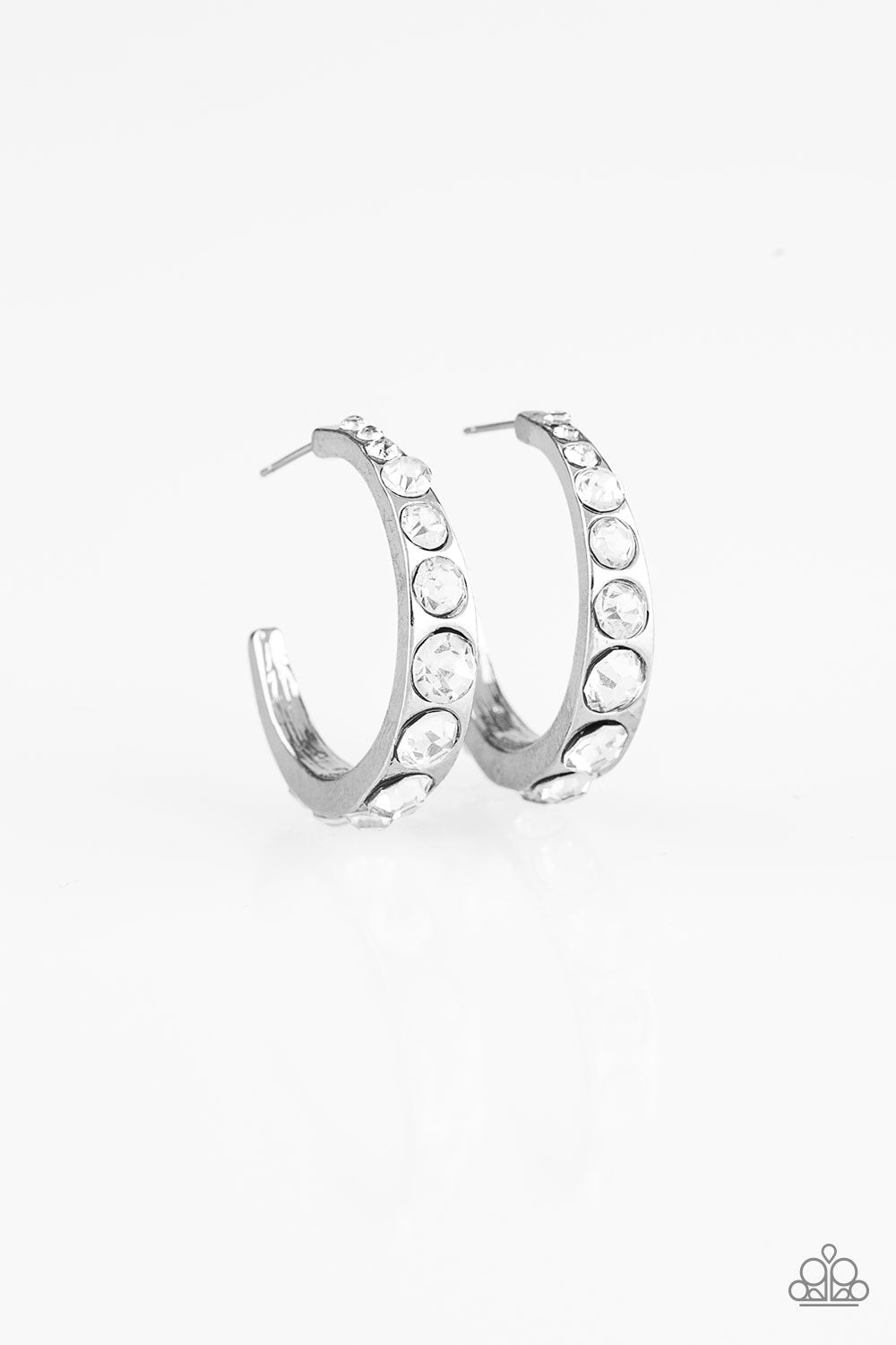 Welcome to Glam Town Silver and White Rhinestone Hoop Earrings - Paparazzi Accessories-CarasShop.com - $5 Jewelry by Cara Jewels