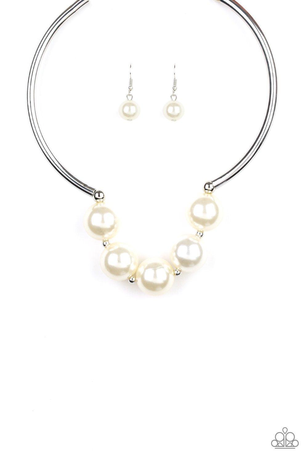 Welcome To Wall Street White Pearl Necklace and matching Earrings - Paparazzi Accessories-CarasShop.com - $5 Jewelry by Cara Jewels