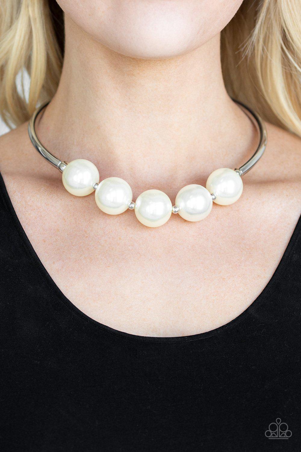 Welcome To Wall Street White Pearl Necklace and matching Earrings - Paparazzi Accessories-CarasShop.com - $5 Jewelry by Cara Jewels