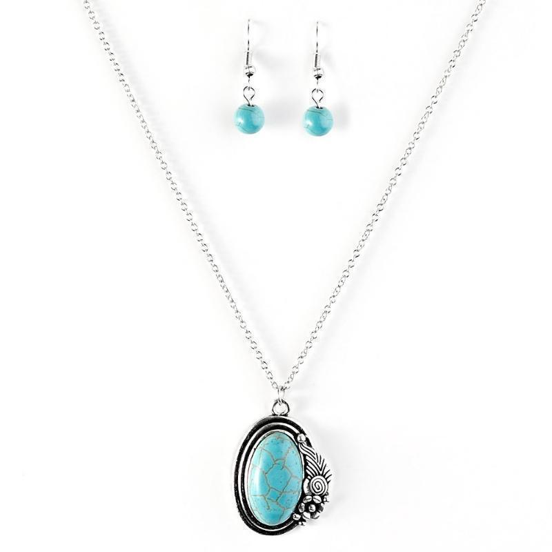 Western Wildflower Turquoise Blue Necklace - Paparazzi Accessories-CarasShop.com - $5 Jewelry by Cara Jewels