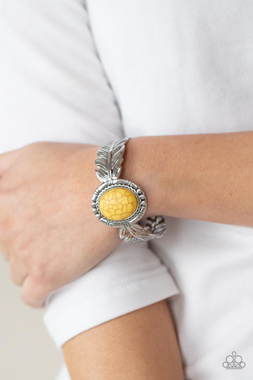 Western Wings Yellow Stone Cuff Bracelet - Paparazzi Accessories-on model - CarasShop.com - $5 Jewelry by Cara Jewels