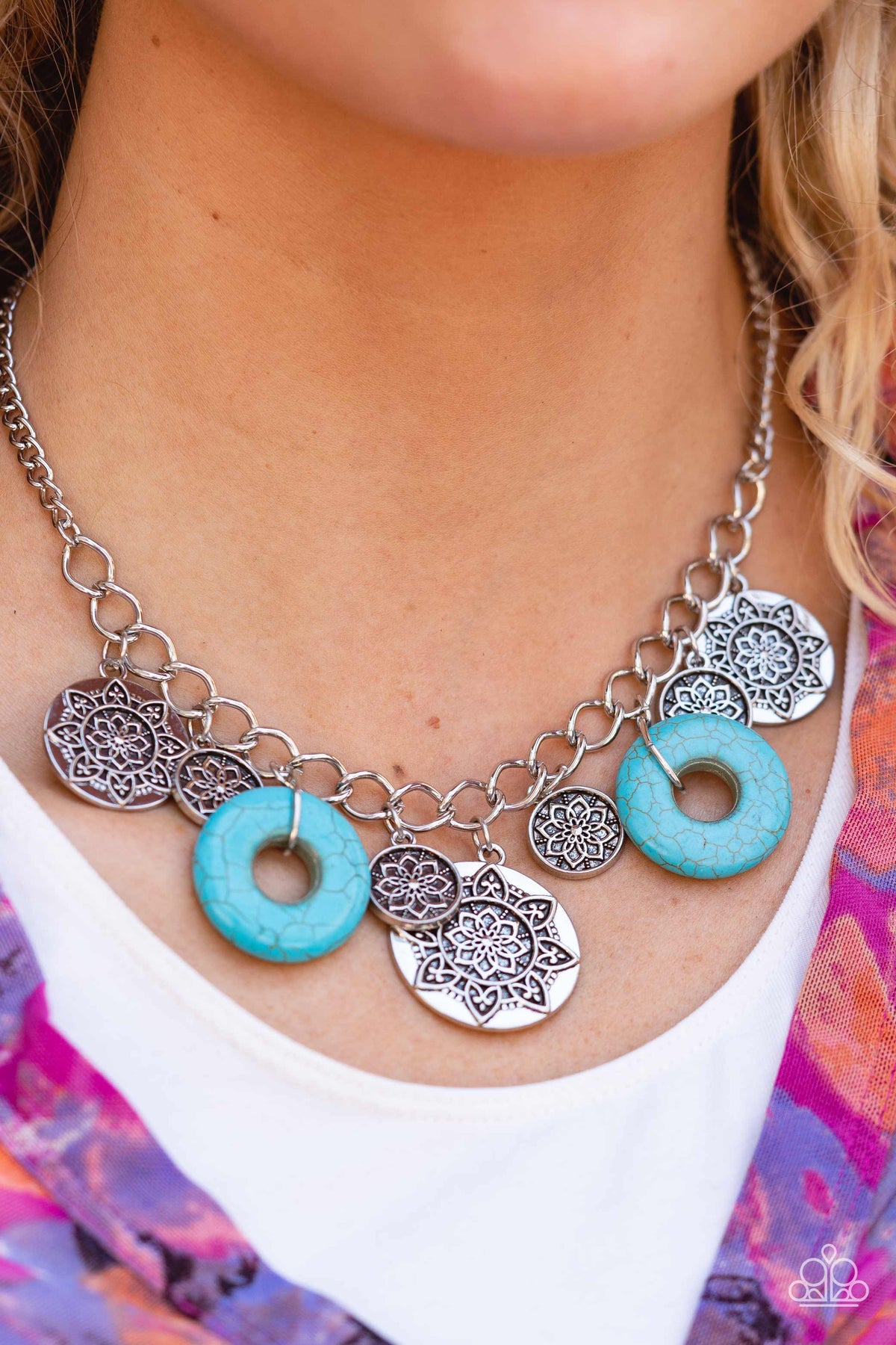 Western Zen Turquoise Blue Stone Necklace - Paparazzi Accessories-on model - CarasShop.com - $5 Jewelry by Cara Jewels