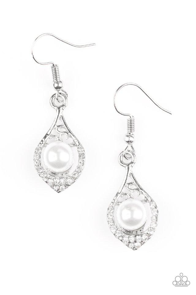 Westminster Waltz White Pearl Teardrop Earrings - Paparazzi Accessories-CarasShop.com - $5 Jewelry by Cara Jewels