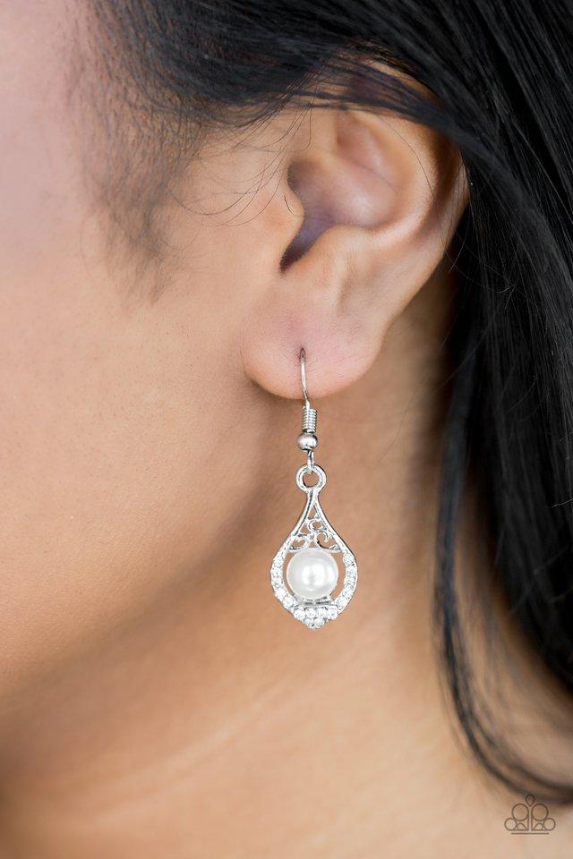 Westminster Waltz White Pearl Teardrop Earrings - Paparazzi Accessories-CarasShop.com - $5 Jewelry by Cara Jewels