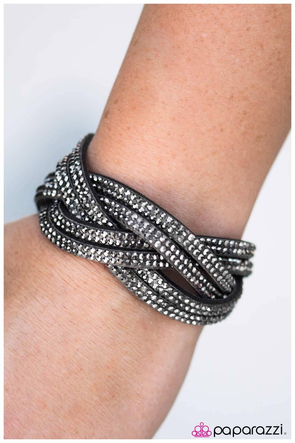 What a Hit! Black and Hematite Rhinestone Braided Wrap Snap Bracelet - Paparazzi Accessories-CarasShop.com - $5 Jewelry by Cara Jewels