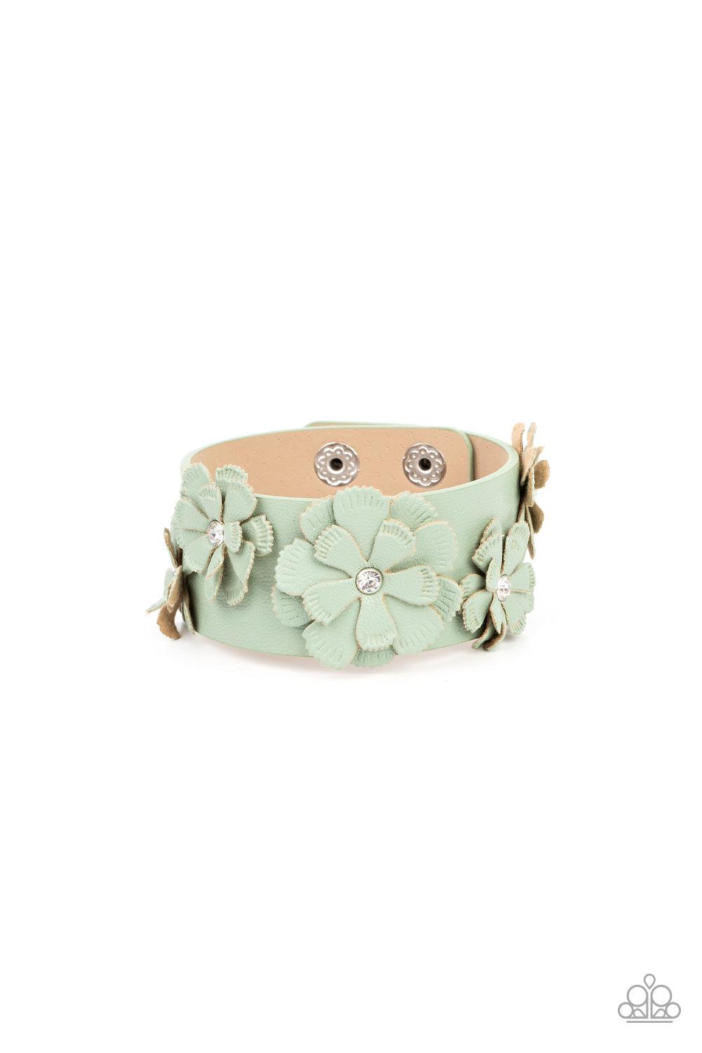 What Do You Pro-POSIES Green Leather Flower Wrap Snap Bracelet - Paparazzi Accessories- lightbox - CarasShop.com - $5 Jewelry by Cara Jewels