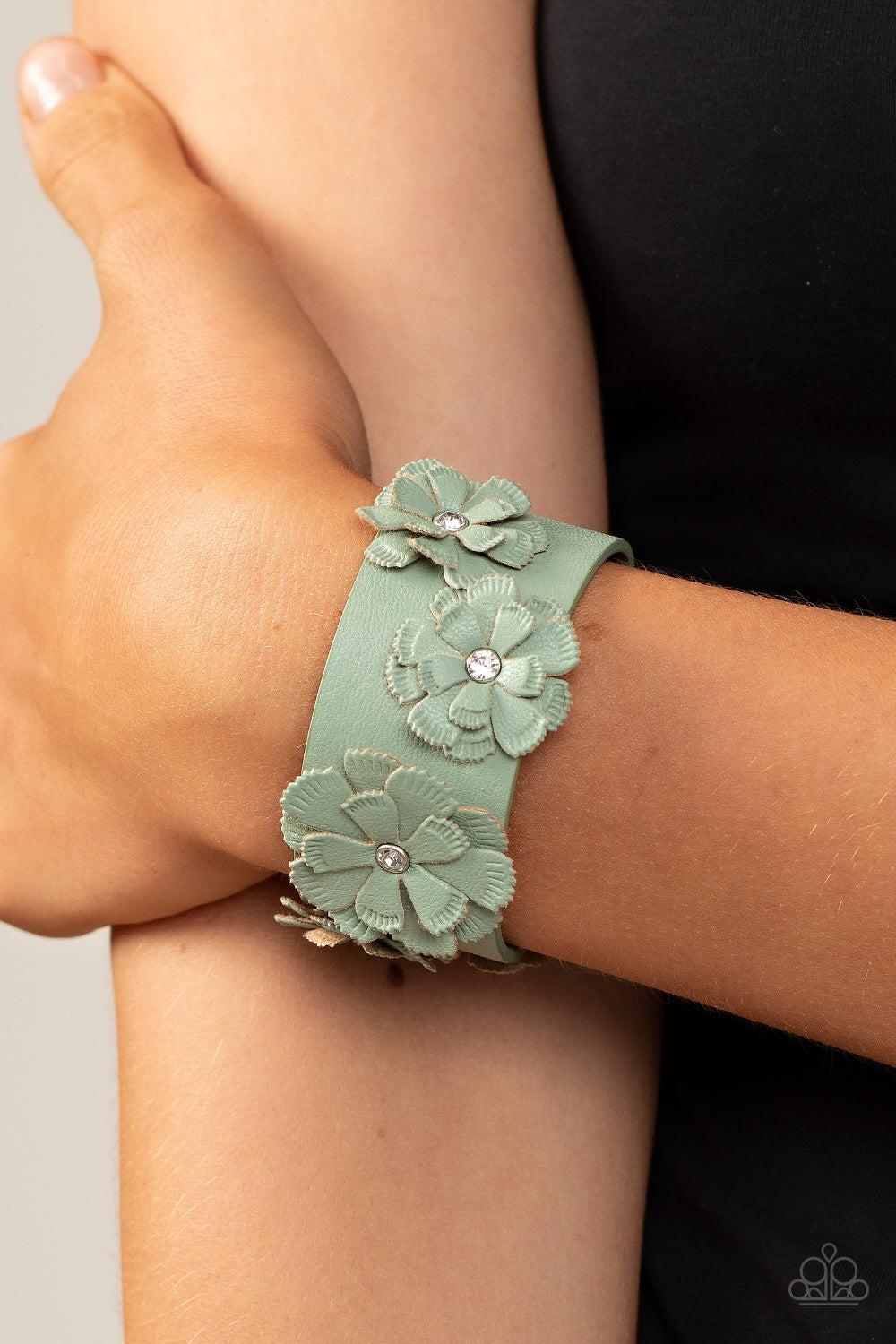 What Do You Pro-POSIES Green Leather Flower Wrap Snap Bracelet - Paparazzi Accessories-on model - CarasShop.com - $5 Jewelry by Cara Jewels
