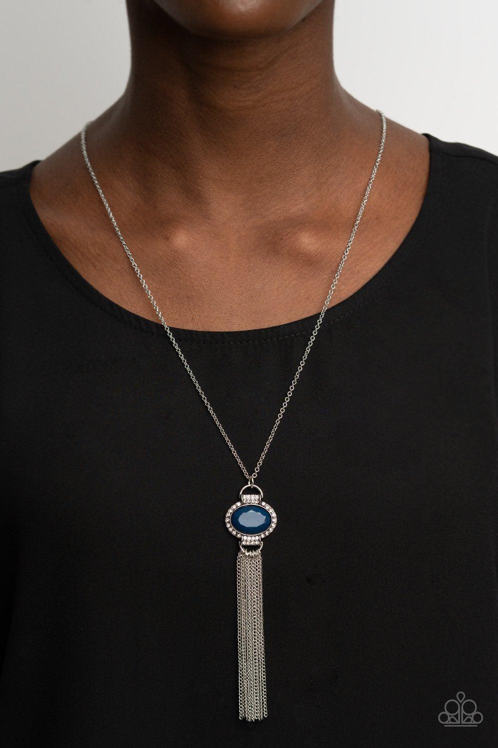 What GLOWS Up Blue and Silver Tassel Necklace - Paparazzi Accessories- model - CarasShop.com - $5 Jewelry by Cara Jewels