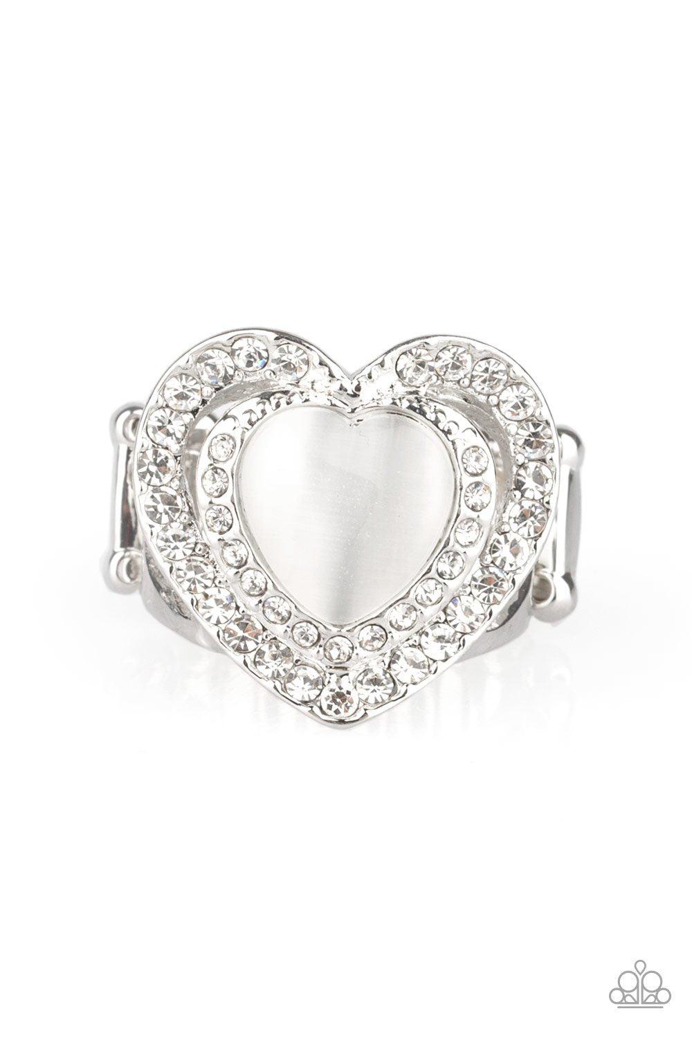 What The Heart Wants White Cat&#39;s Eye and Rhinestone Heart Ring - Paparazzi Accessories - lightbox -CarasShop.com - $5 Jewelry by Cara Jewels