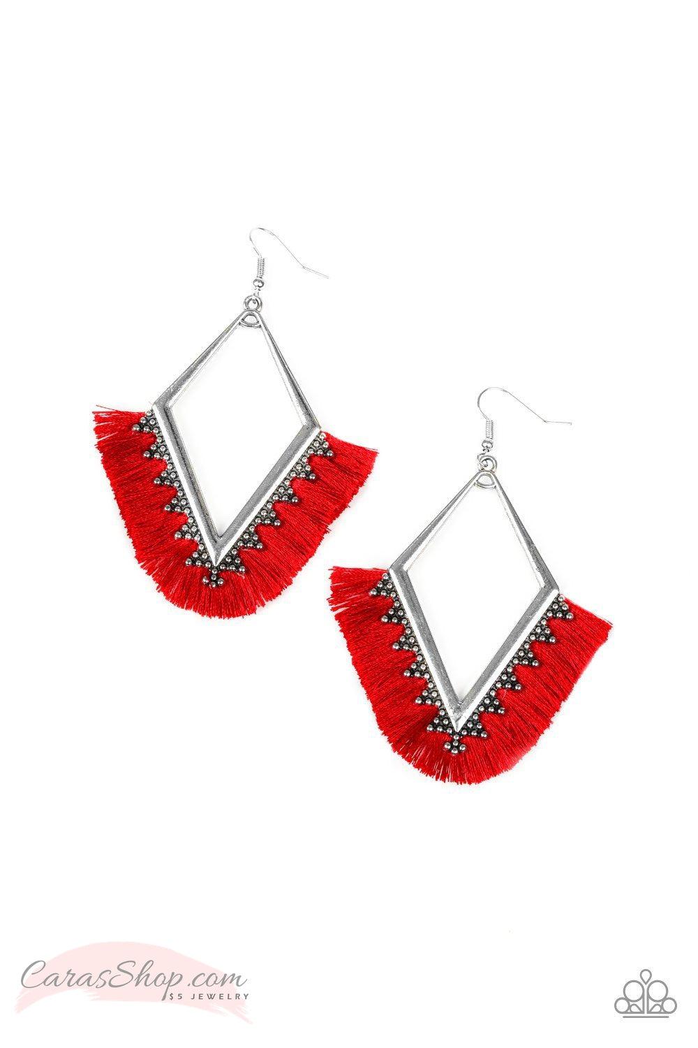 When in Peru - Red Fringe Earrings - Paparazzi Accessories-CarasShop.com - $5 Jewelry by Cara Jewels
