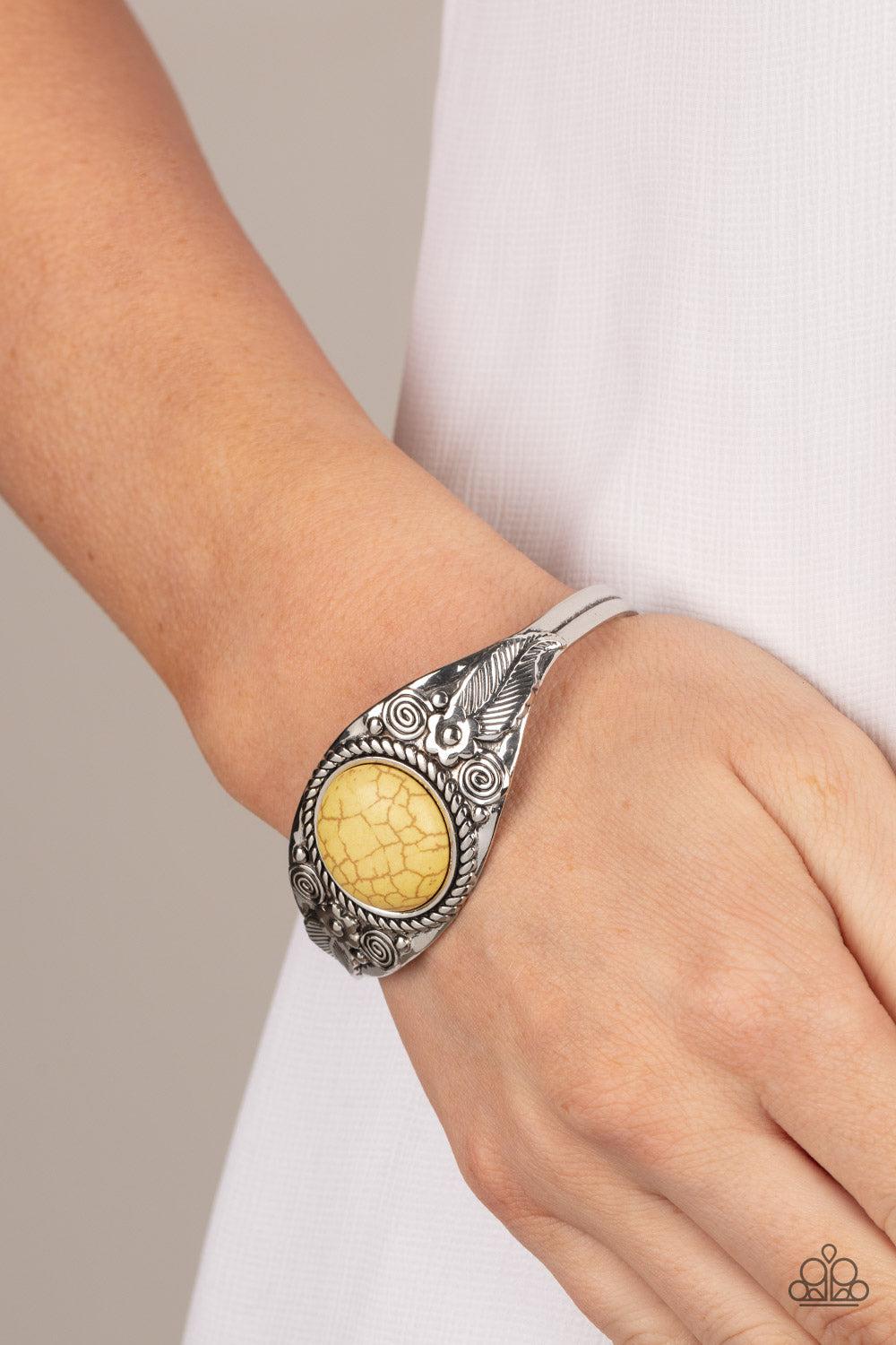 Whimsically Winslow Yellow Stone Cuff Bracelet-on model - CarasShop.com - $5 Jewelry by Cara Jewels