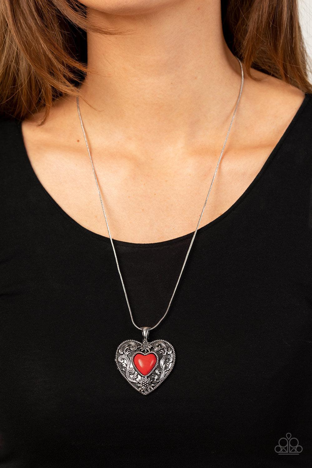 Wholeheartedly Whimsical Red Stone Heart Necklace - Paparazzi Accessories-on model - CarasShop.com - $5 Jewelry by Cara Jewels