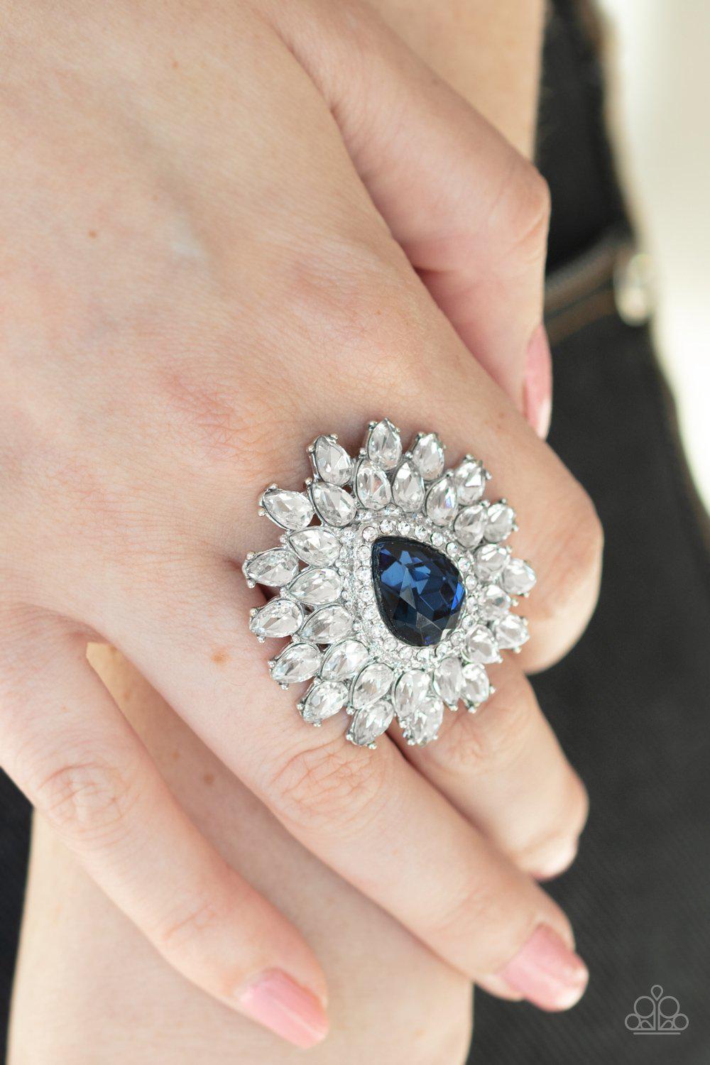 Who&#39;s Counting Blue and White Rhinestone Ring - Paparazzi Accessories-CarasShop.com - $5 Jewelry by Cara Jewels