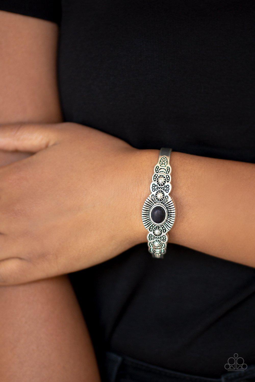 Wide Open Mesas Black Stone and Silver Cuff Bracelet - Paparazzi Accessories-CarasShop.com - $5 Jewelry by Cara Jewels