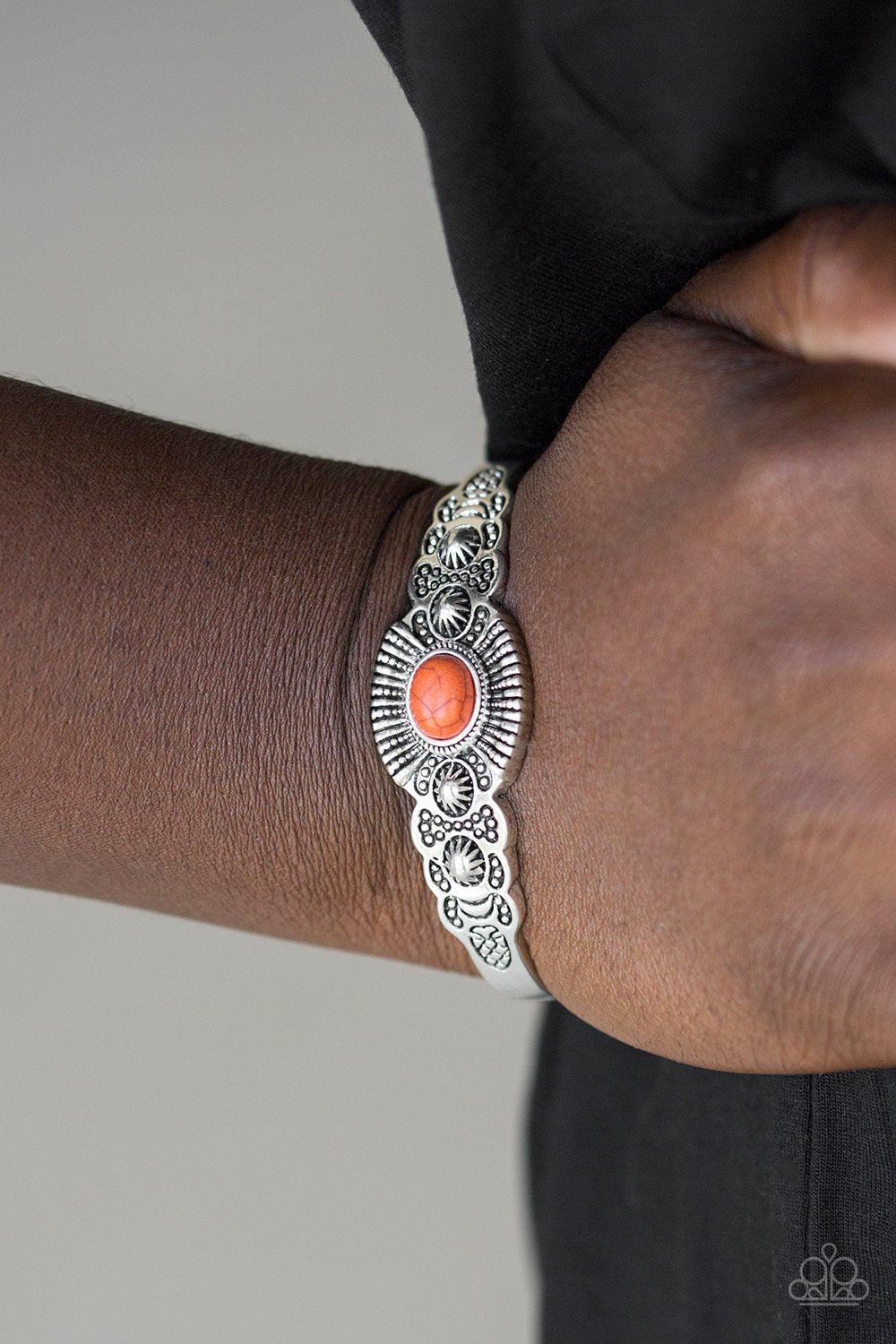 Wide Open Mesas Orange Stone and Silver Cuff Bracelet - Paparazzi Accessories - model -CarasShop.com - $5 Jewelry by Cara Jewels