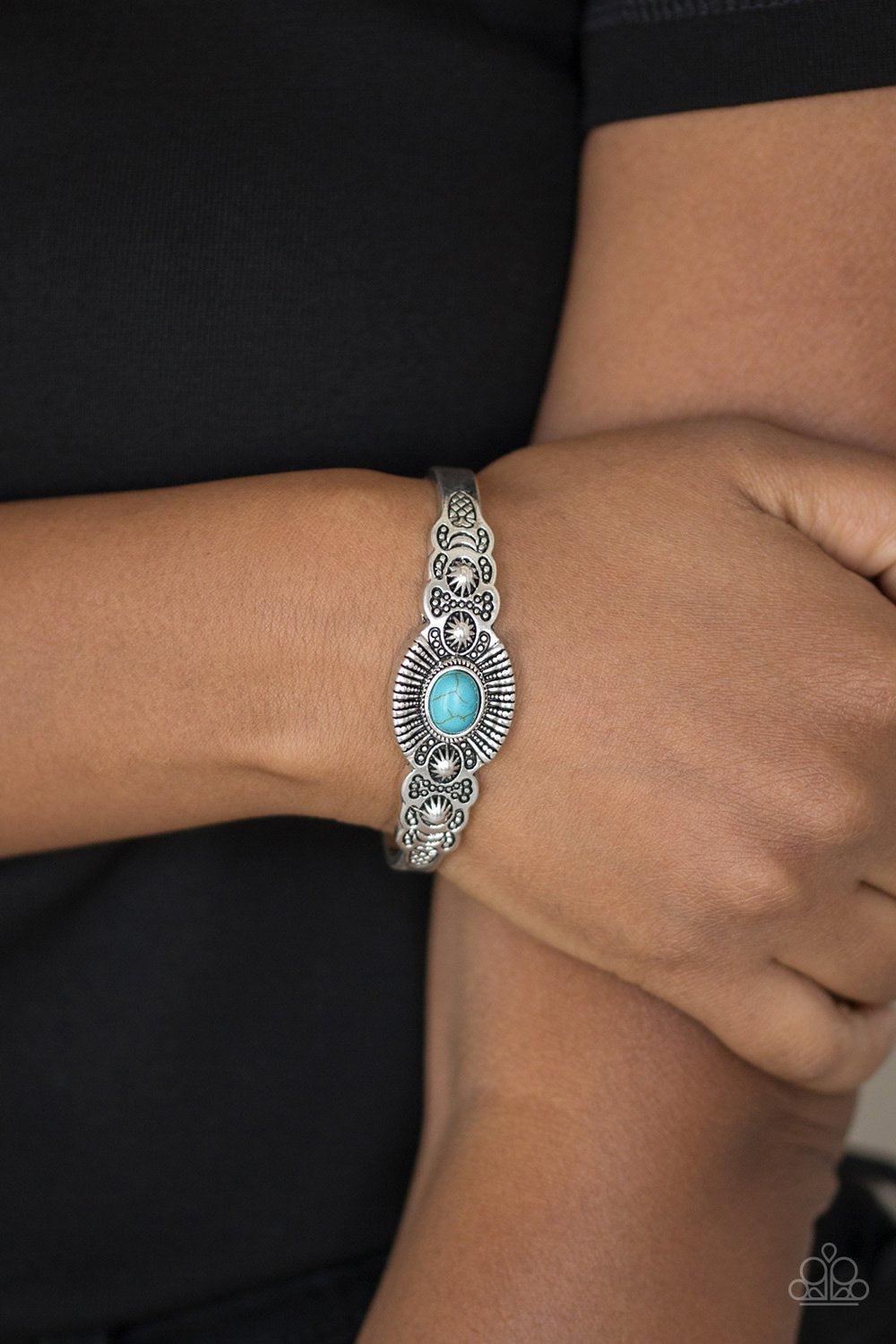 Wide Open Mesas Turquoise Blue Stone and Silver Cuff Bracelet - Paparazzi Accessories - model -CarasShop.com - $5 Jewelry by Cara Jewels