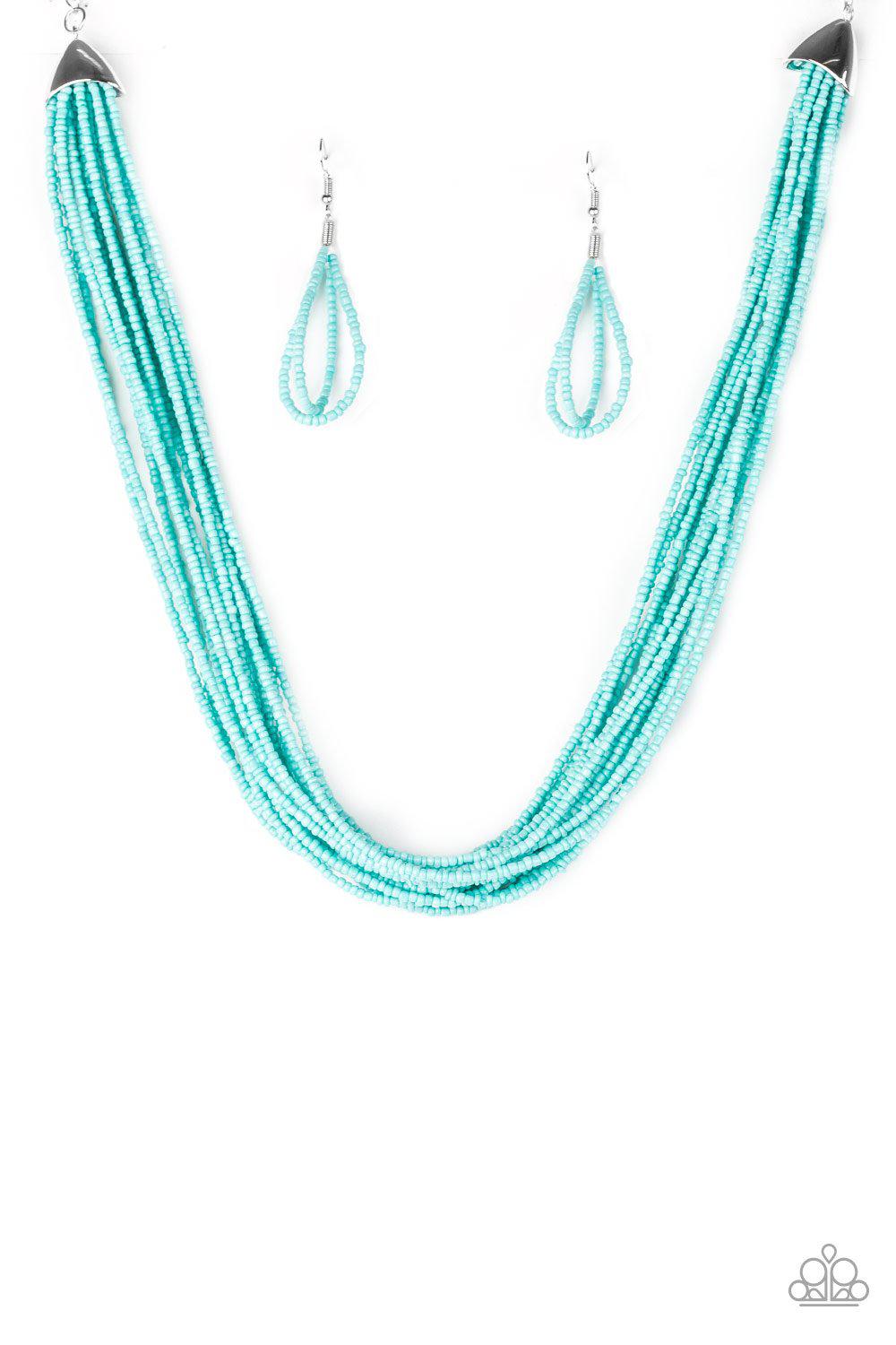 Wide Open Spaces Turquoise Blue Seed Bead Necklace and matching Earrings - Paparazzi Accessories-CarasShop.com - $5 Jewelry by Cara Jewels