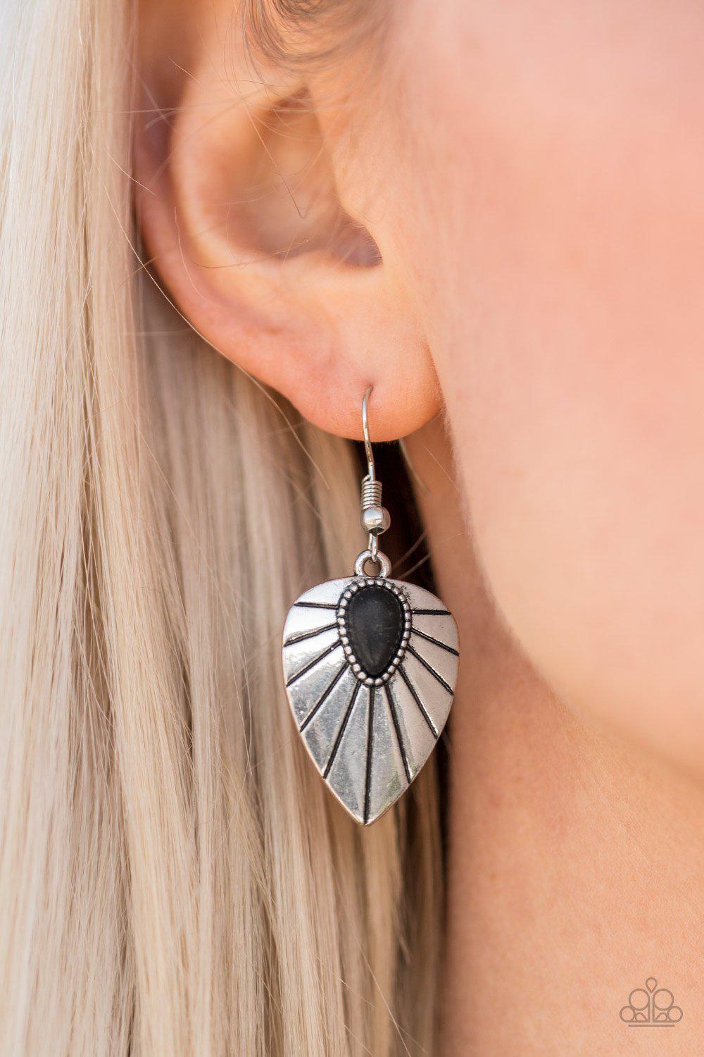 Wild Palms Black Stone and Silver Palm Leaf Earrings - Paparazzi Accessories-CarasShop.com - $5 Jewelry by Cara Jewels