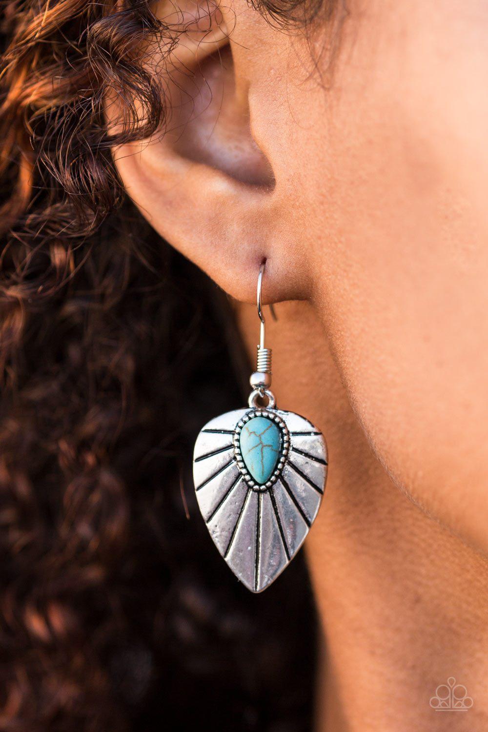 Wild Palms Turquoise Blue Stone and Silver Palm Leaf Earrings - Paparazzi Accessories-CarasShop.com - $5 Jewelry by Cara Jewels
