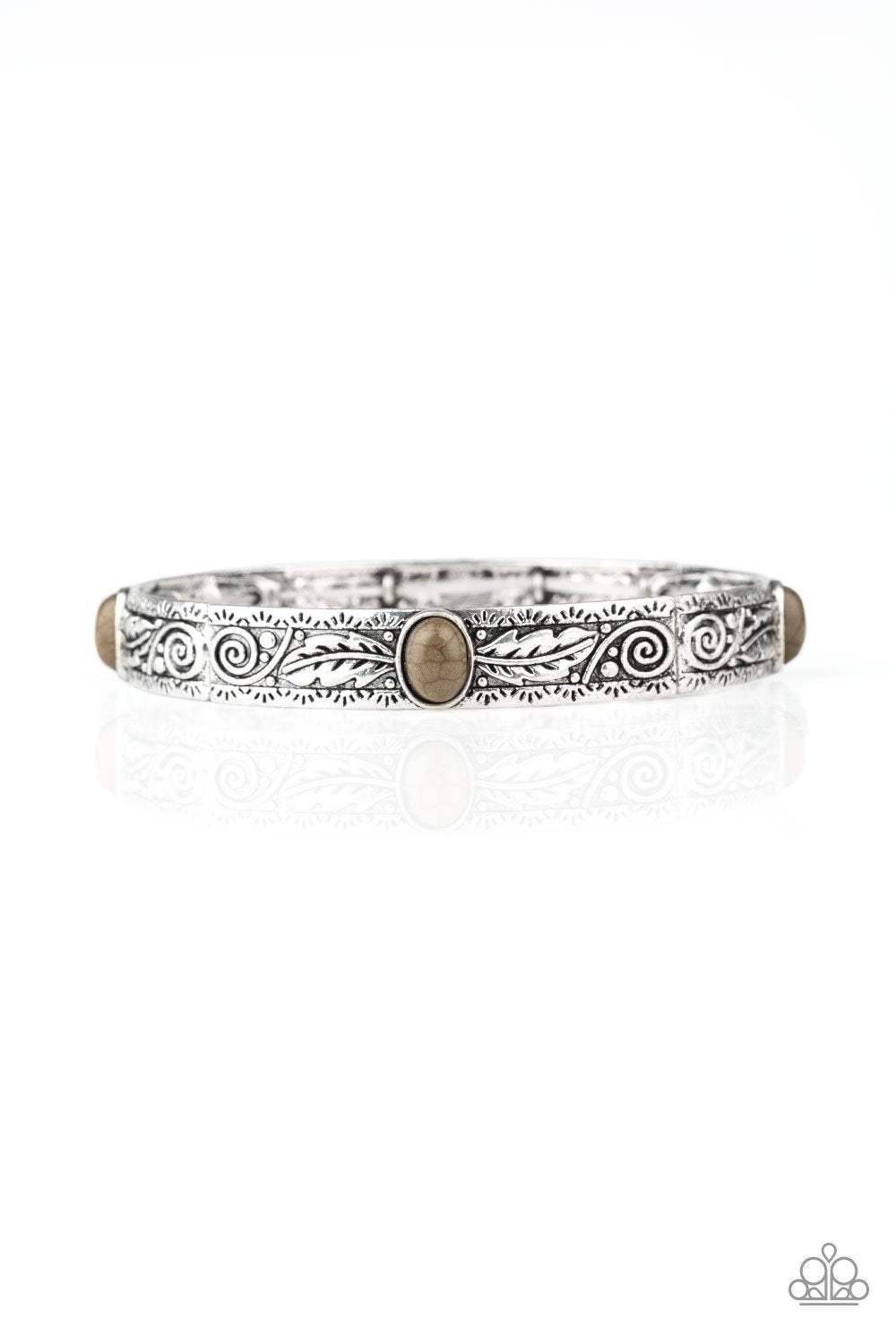 Wild West Story Green Stone and Silver Stretch Bangle Bracelet - Paparazzi Accessories-CarasShop.com - $5 Jewelry by Cara Jewels