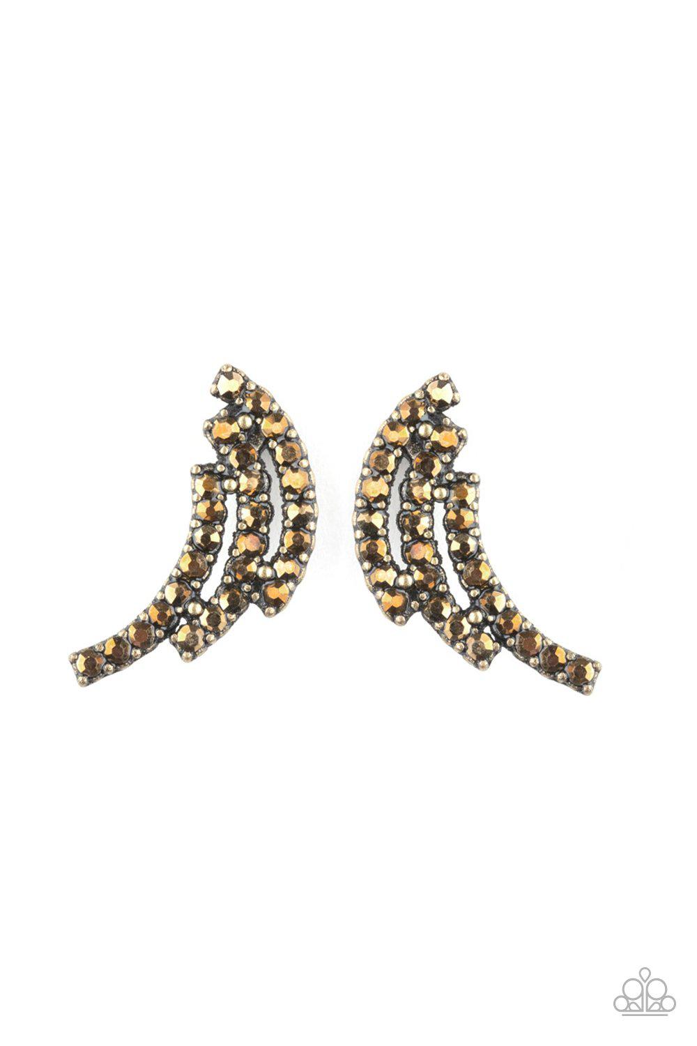 Wing Bling Brass Rhinestone Post Earrings - Paparazzi Accessories-CarasShop.com - $5 Jewelry by Cara Jewels