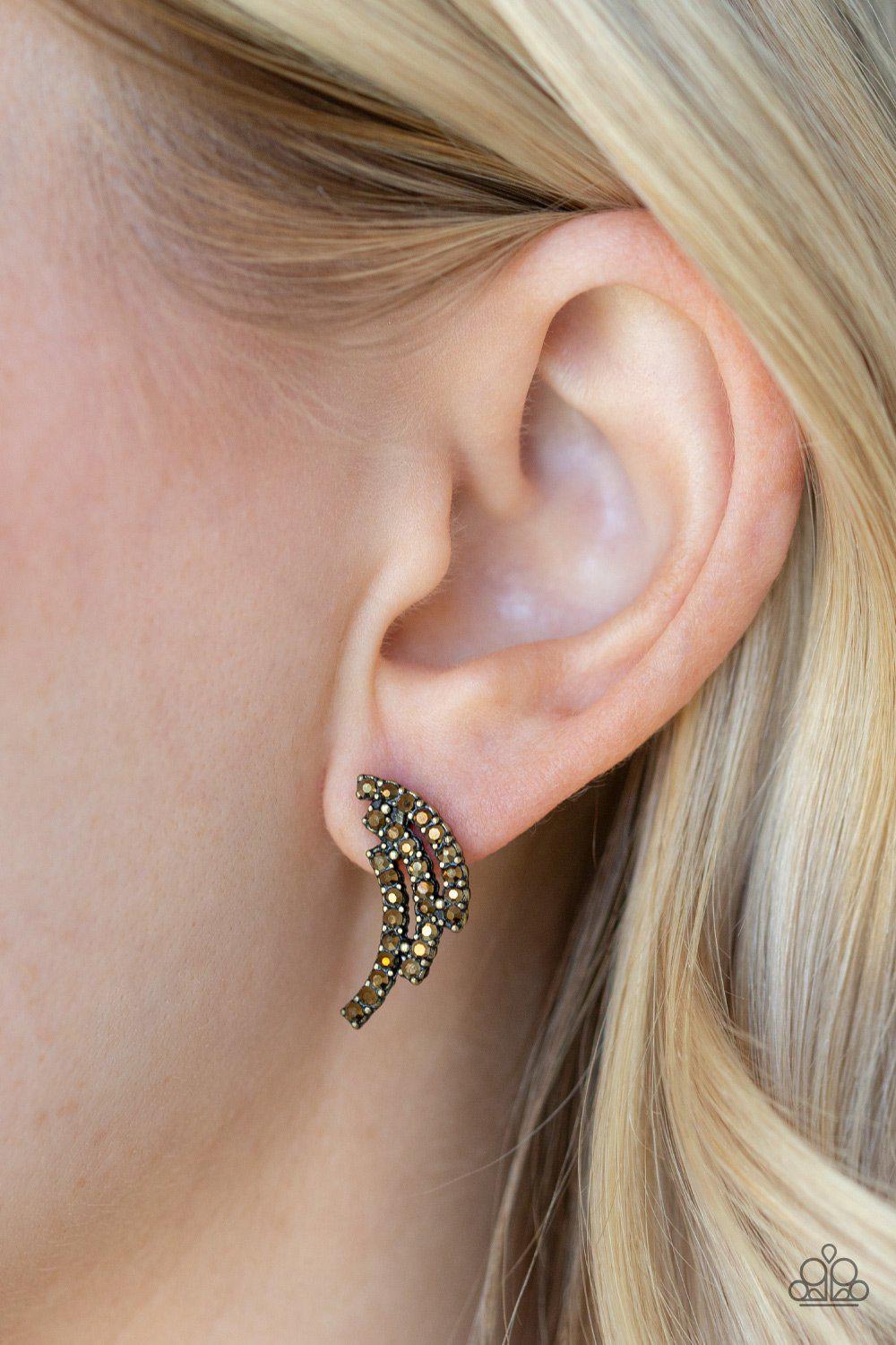 Wing Bling Brass Rhinestone Post Earrings - Paparazzi Accessories-CarasShop.com - $5 Jewelry by Cara Jewels