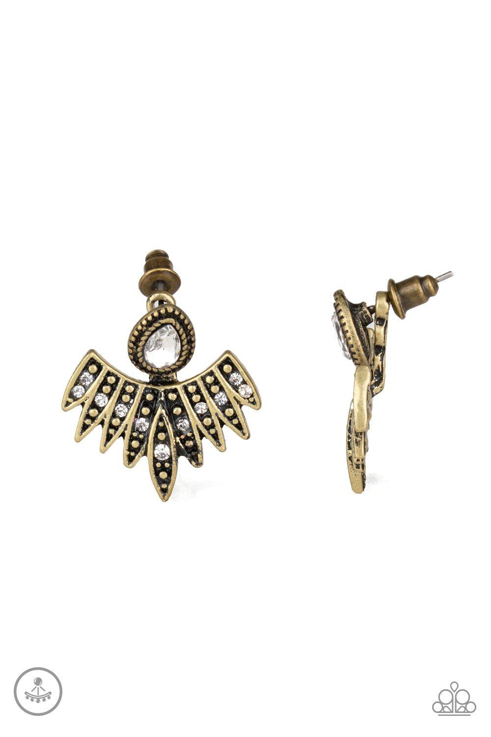 Wing Fling Brass and White Rhinestone double-sided Post Earrings - Paparazzi Accessories-CarasShop.com - $5 Jewelry by Cara Jewels