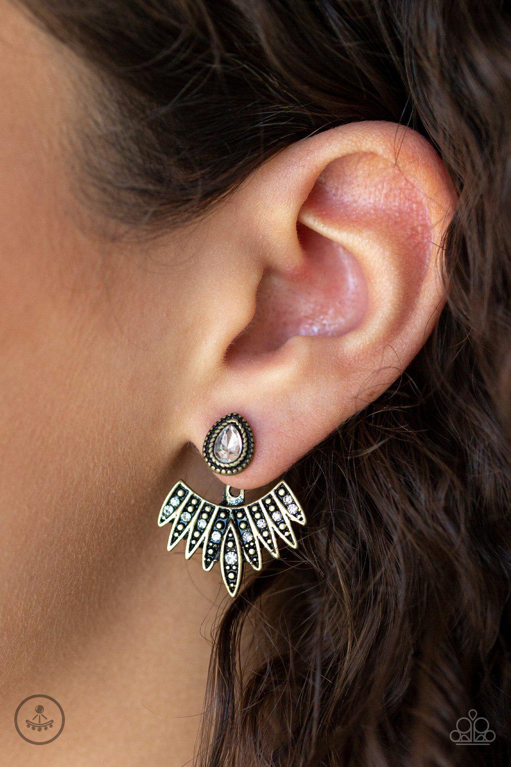 Wing Fling Brass and White Rhinestone double-sided Post Earrings - Paparazzi Accessories-CarasShop.com - $5 Jewelry by Cara Jewels