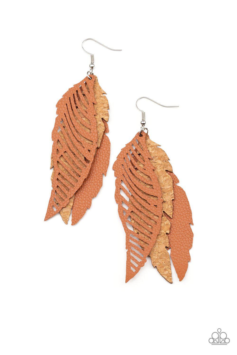 WINGING Off The Hook Brown Leather and Cork Feather Earrings - Paparazzi Accessories- lightbox - CarasShop.com - $5 Jewelry by Cara Jewels