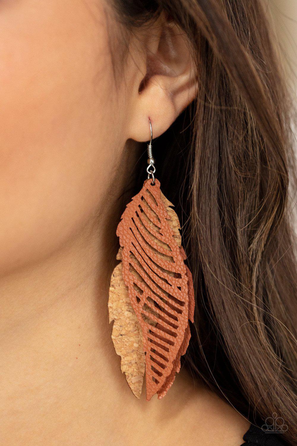 WINGING Off The Hook Brown Leather and Cork Feather Earrings - Paparazzi Accessories- model - CarasShop.com - $5 Jewelry by Cara Jewels