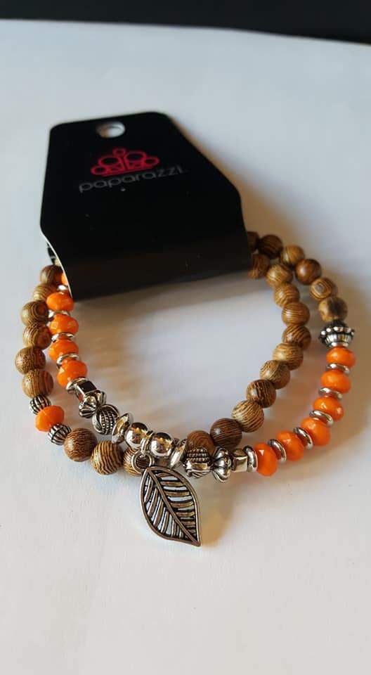 Wonderfully Woodland Orange and Wood Bead Double-Wrap Stretch Bracelet - Paparazzi Accessories-CarasShop.com - $5 Jewelry by Cara Jewels