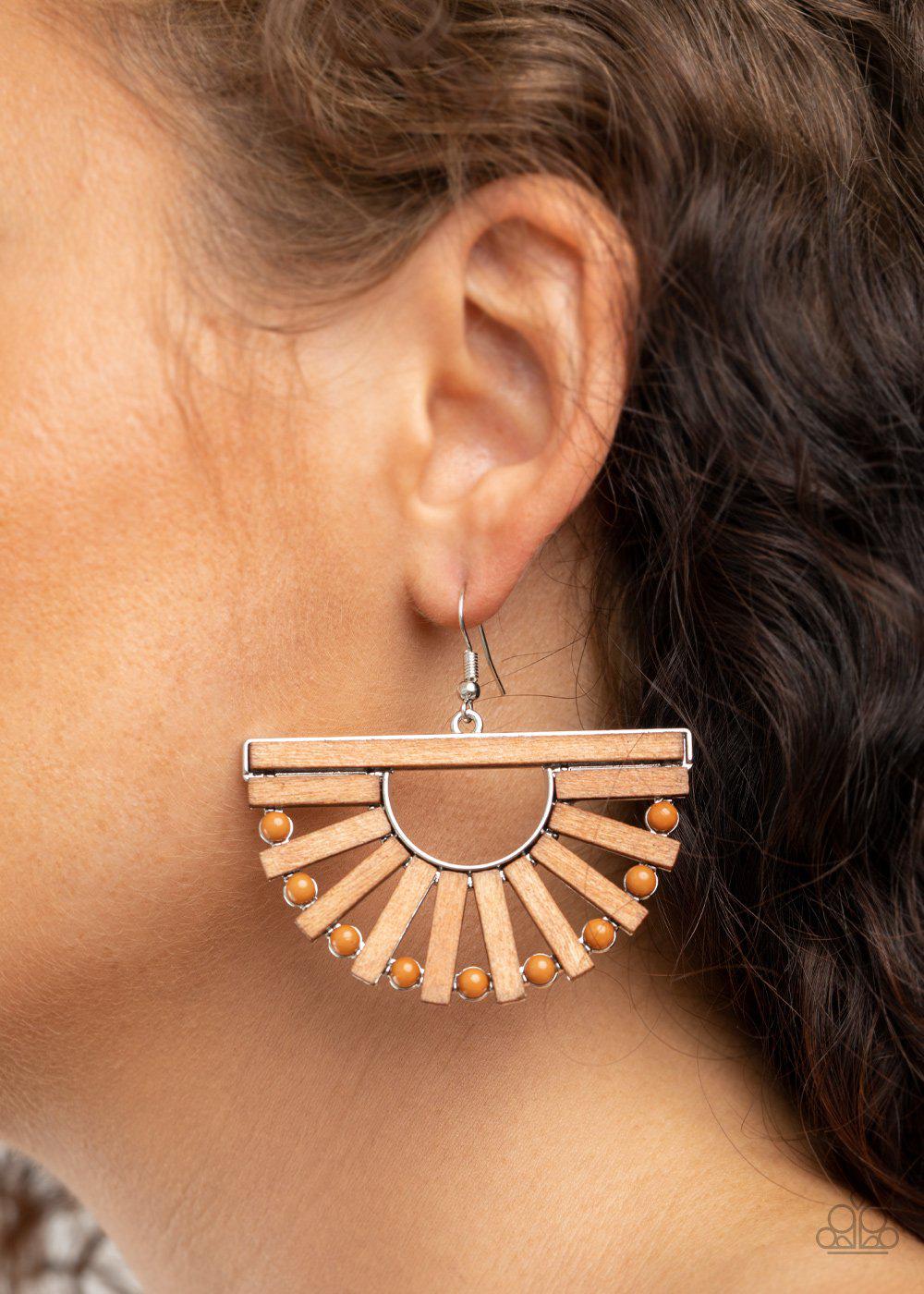 Wooden Wonderland Brown Wood Earrings - Paparazzi Accessories - model -CarasShop.com - $5 Jewelry by Cara Jewels