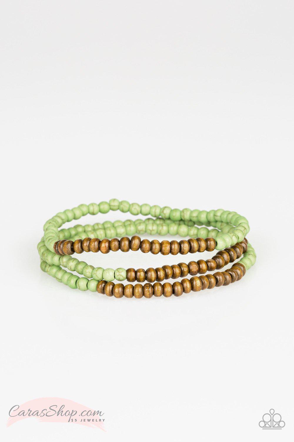 Woodland Wanderer Green Stone and Wood Bead Stretch Bracelet Set - Paparazzi Accessories-CarasShop.com - $5 Jewelry by Cara Jewels