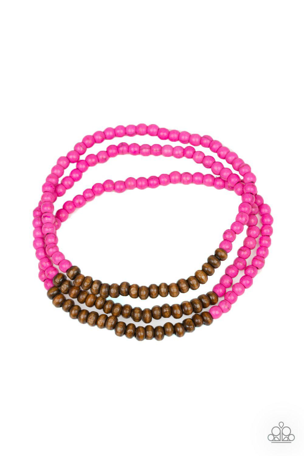 Woodland Wanderer Pink Stone and Wood Bead Stretch Bracelet Set - Paparazzi Accessories-CarasShop.com - $5 Jewelry by Cara Jewels
