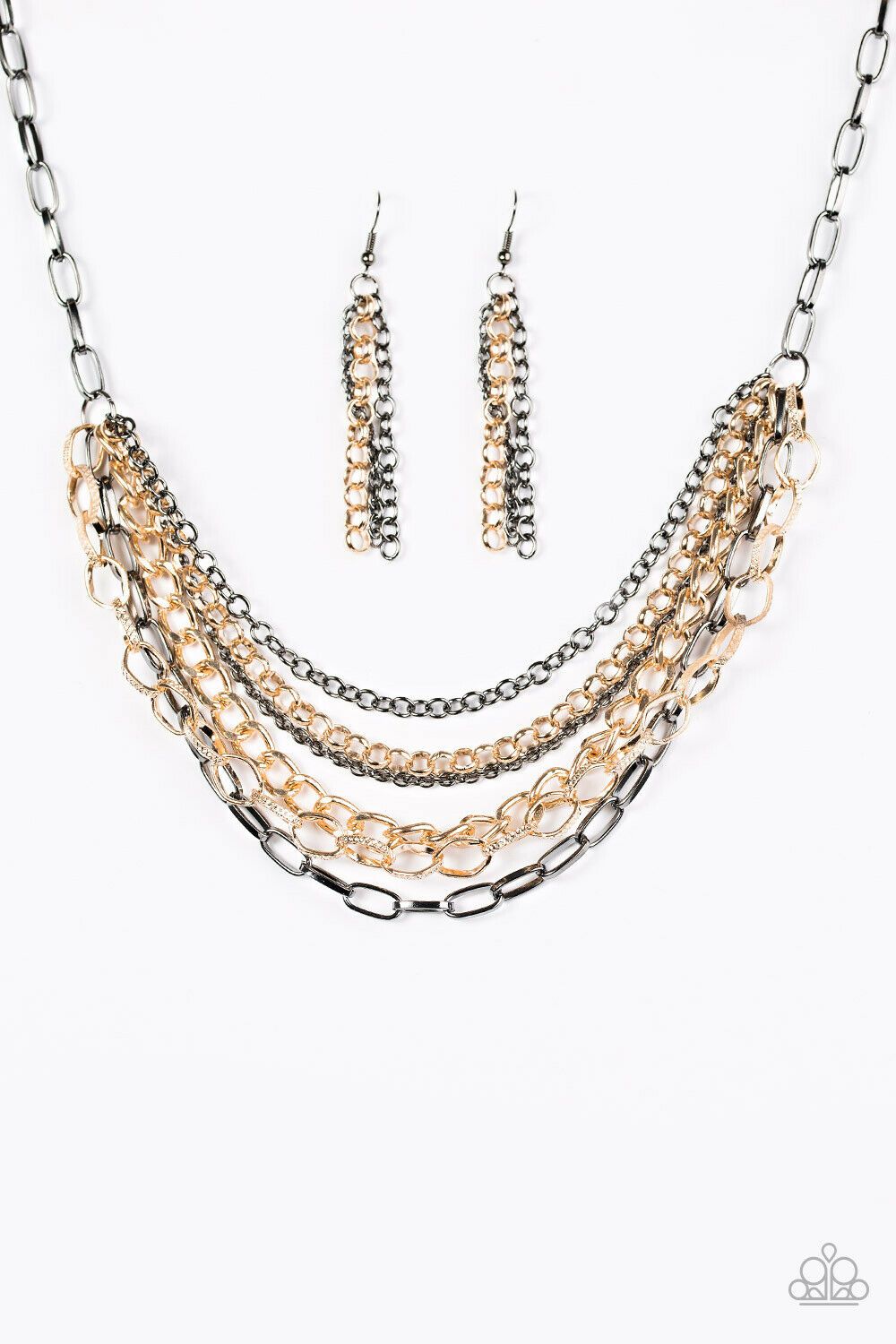 Word On The Street Gunmetal and Gold Necklace - Paparazzi Accessories-CarasShop.com - $5 Jewelry by Cara Jewels