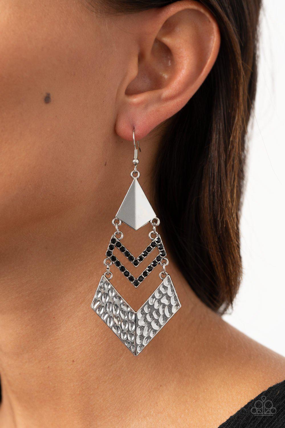 Work Hazard Black and Silver Earrings - Paparazzi Accessories - model -CarasShop.com - $5 Jewelry by Cara Jewels