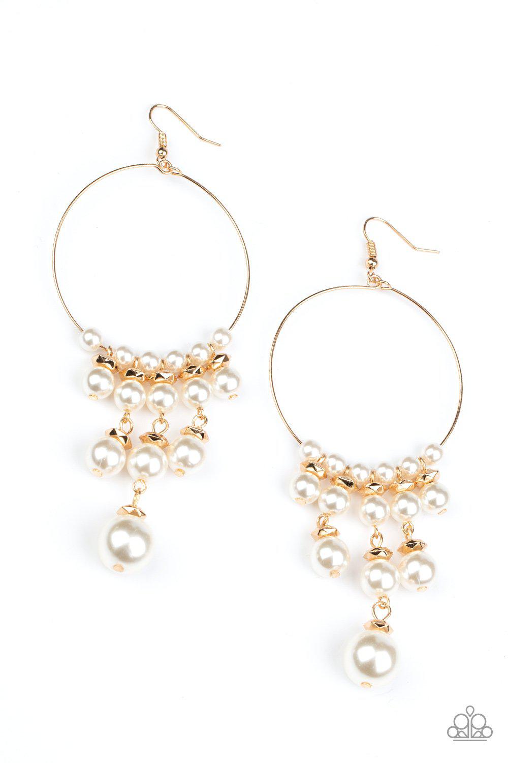Working The Room Gold and White Pearl Earrings - Paparazzi Accessories - lightbox -CarasShop.com - $5 Jewelry by Cara Jewels