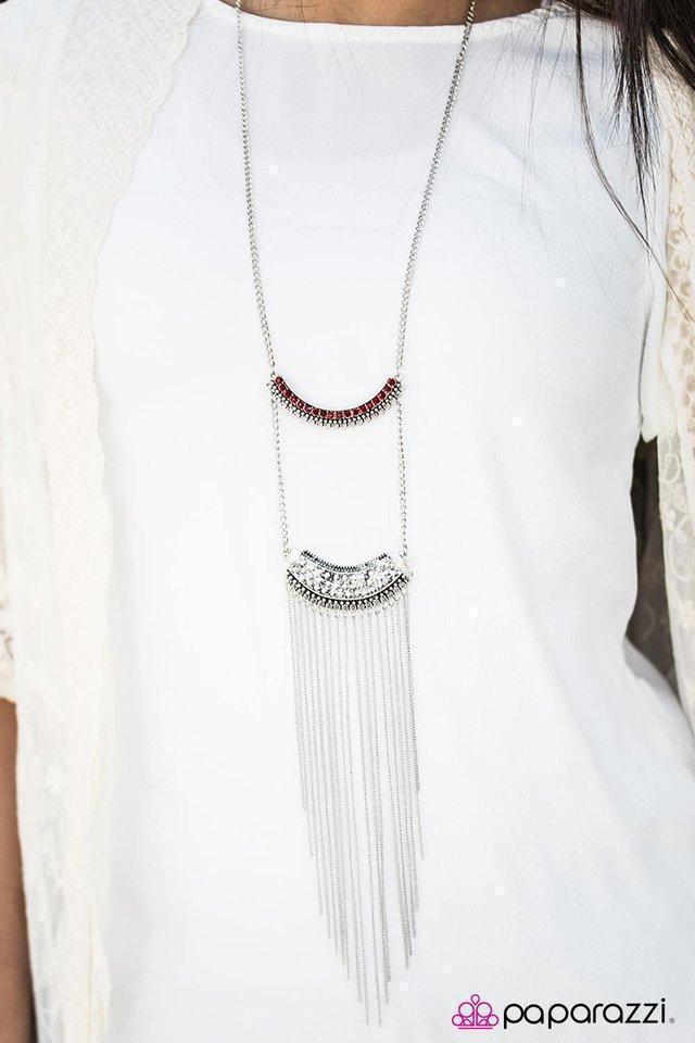 World Class Wonder Red and Silver Fringe Necklace and matching Earrings - Paparazzi Accessories-CarasShop.com - $5 Jewelry by Cara Jewels
