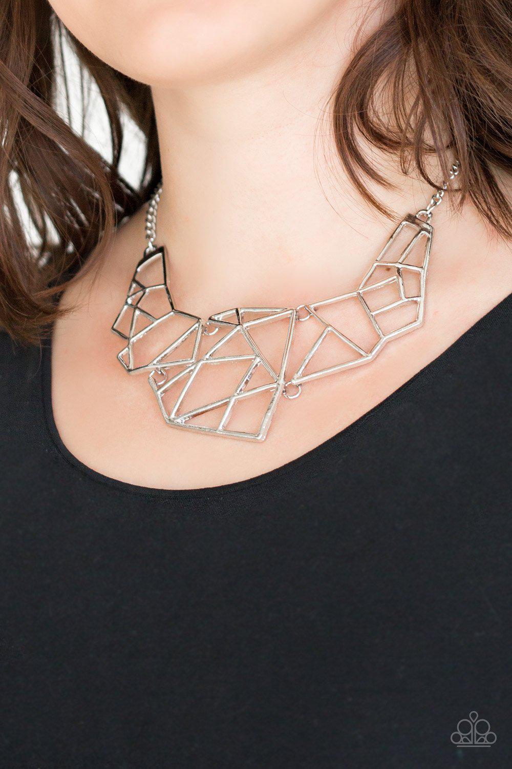 World Shattering Silver Statement Necklace - Paparazzi Accessories- model - CarasShop.com - $5 Jewelry by Cara Jewels