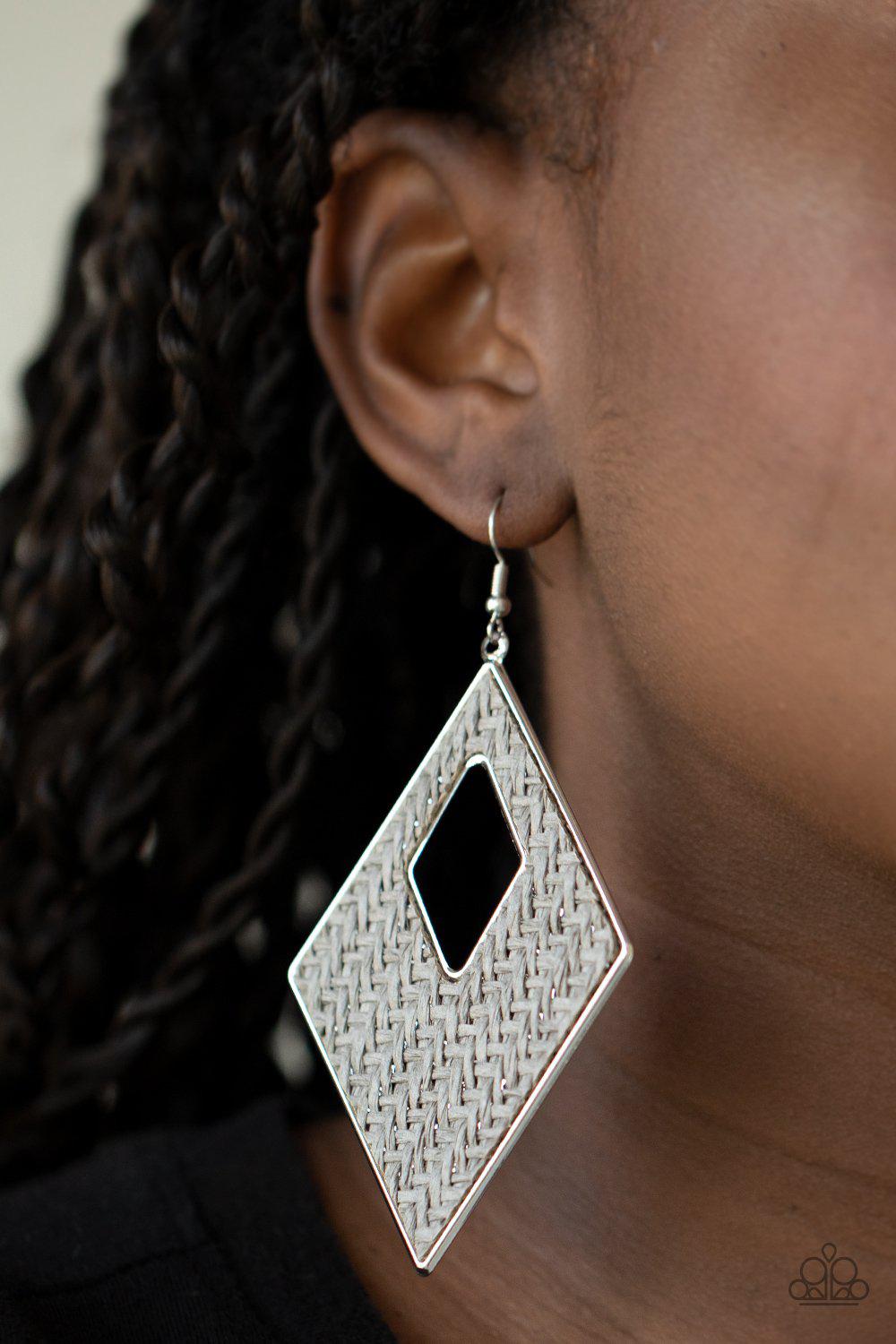 Woven Wanderer Silver Weave Earrings - Paparazzi Accessories - model -CarasShop.com - $5 Jewelry by Cara Jewels
