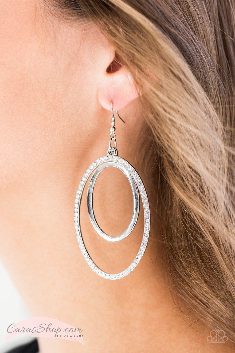 Wrapped In Wealth - Silver and White Rhinestone Earrings - Paparazzi Accessories-CarasShop.com - $5 Jewelry by Cara Jewels