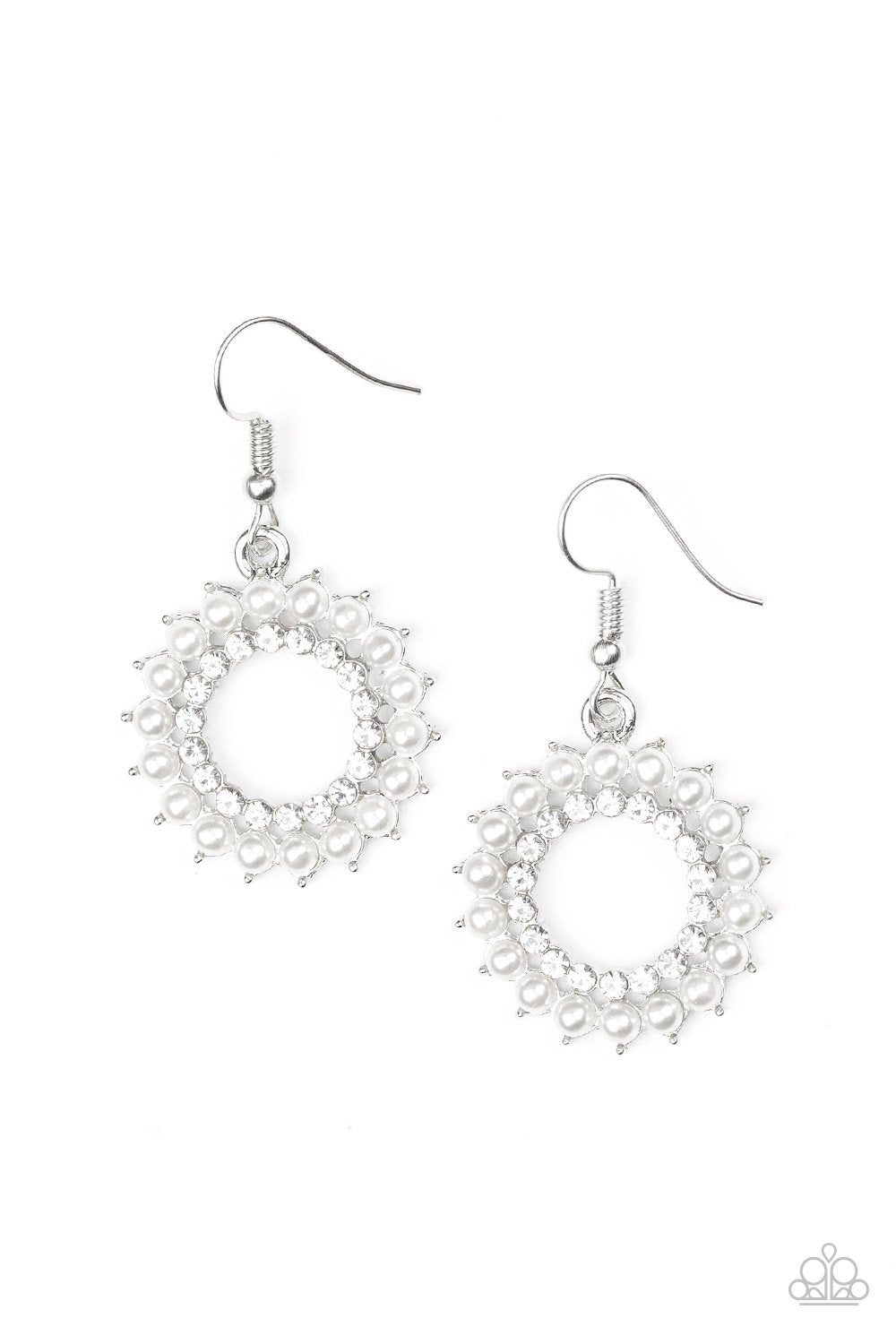Wreathed In Radiance White Pearl Earrings - Paparazzi Accessories - lightbox -CarasShop.com - $5 Jewelry by Cara Jewels