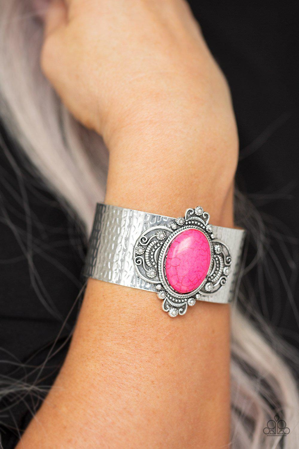 Yes I CANYON Pink Stone and Silver Cuff Bracelet - Paparazzi Accessories-CarasShop.com - $5 Jewelry by Cara Jewels
